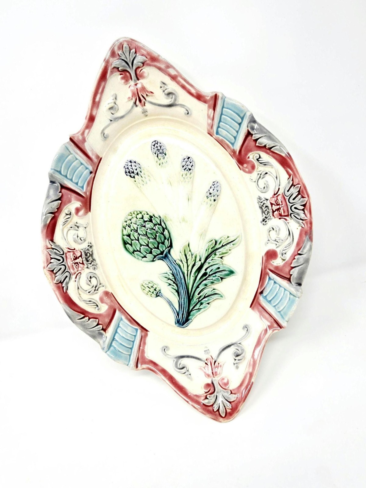 Antique French Majolica Artichoke Asparagus Platter Fives-Lille c1890 Barbotine