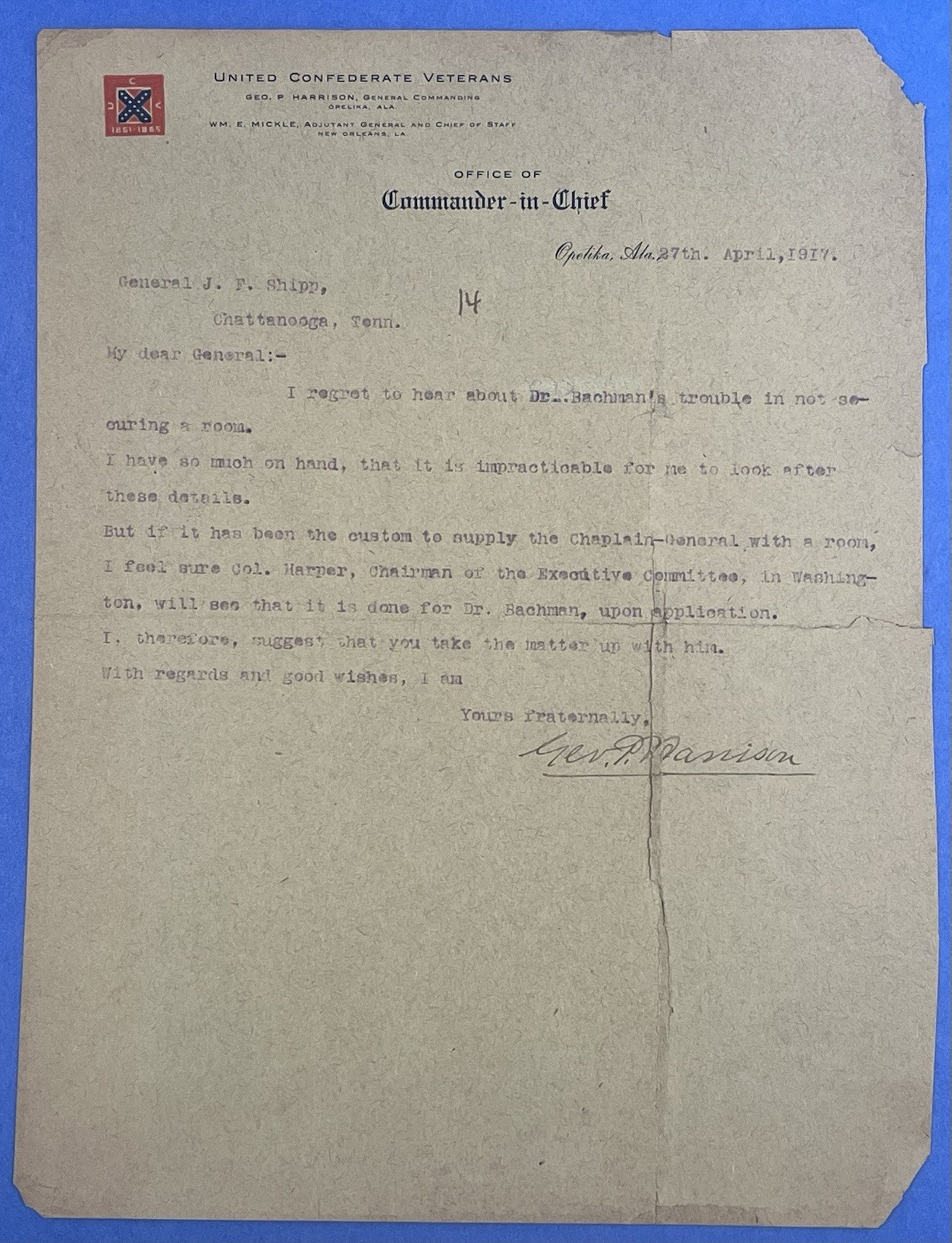 Confederate General George P. Harrison Signed UCV Letter to J. F. Shipp Chatt TN
