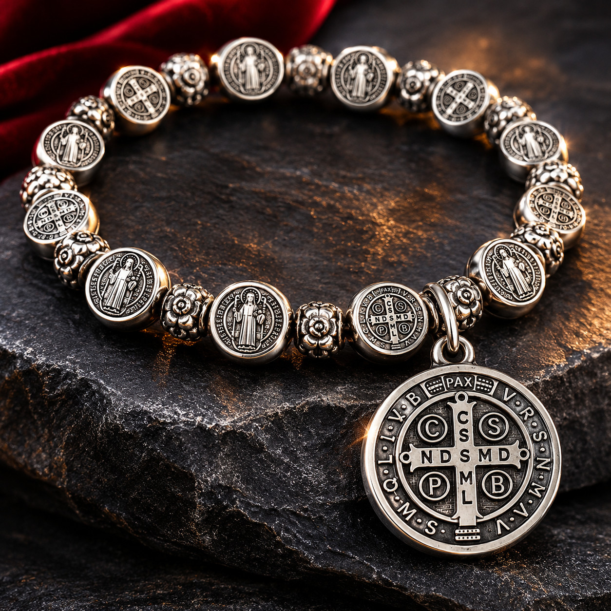 RARE VINTAGE STYLE ST BENEDICT SILVER ROSARY BRACELET PULSERA SAN BENITO LUXURY