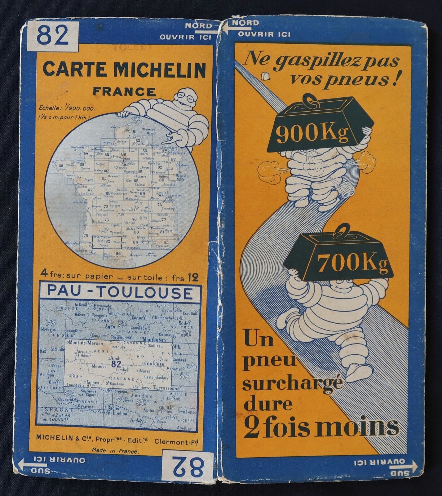 1925 MICHELIN 82 PAU TOULOUSE Guide Bibendum tire tyre map