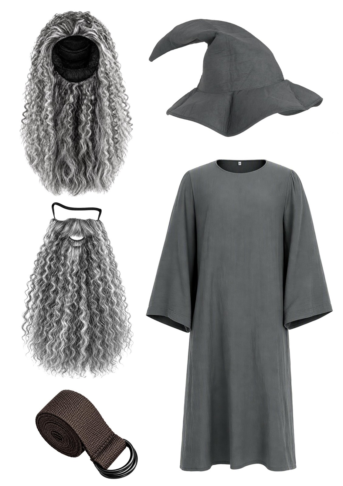UQJE Adult Wizard Costume 5 Pcs Gray Robe Hat Wig Beard Belt - Size XL