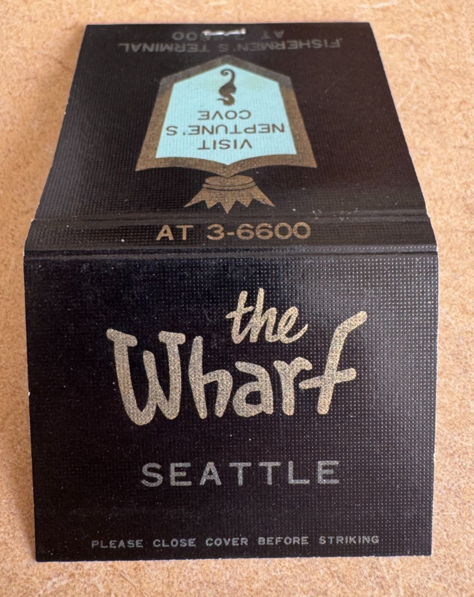 The Wharf Restaurant, Seattle WA, Vintage 30-Stick Matchbook; Black & Gold Nice