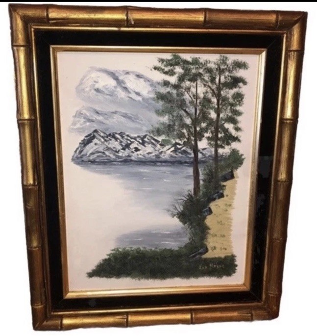 Pretty Vintage MCM 18” OIL PAINTING Signed 1960s Bamboo Shaped Frame Eva Meyers