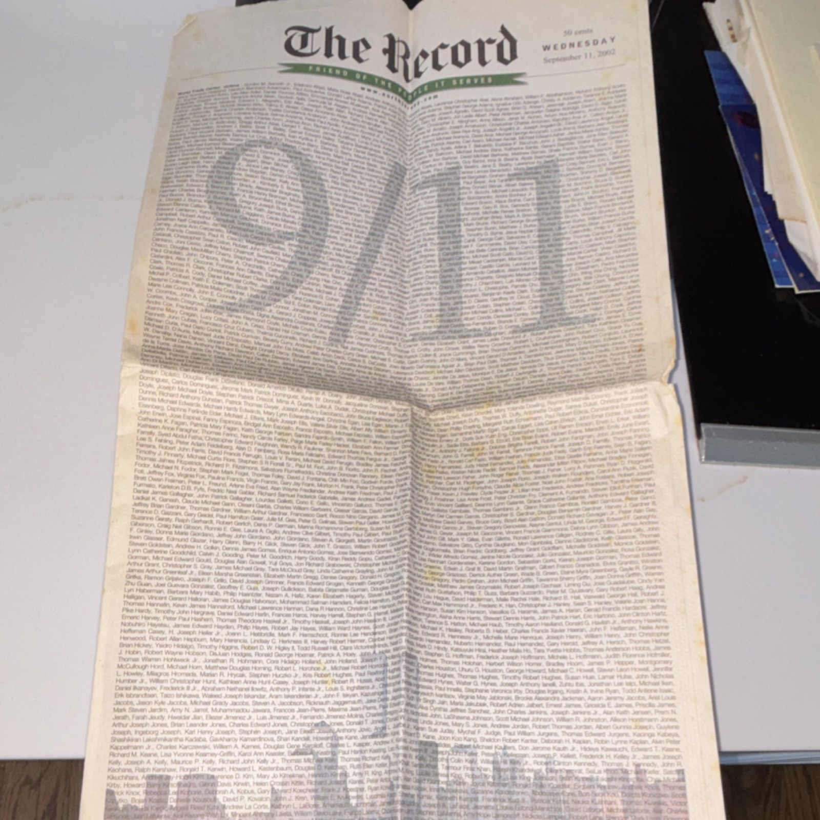 The Record Newspaper Sept 11, 2002 Issue - 9/11 Names and Front Page Headline