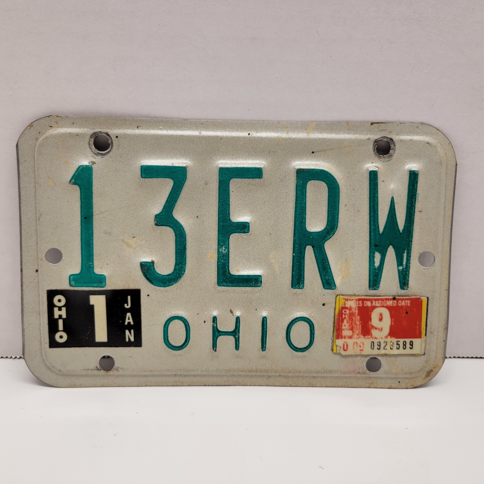 VTG 1985 -90 Ohio Motorcycle License Plate Tag 13ERW Adams County OH Sticker
