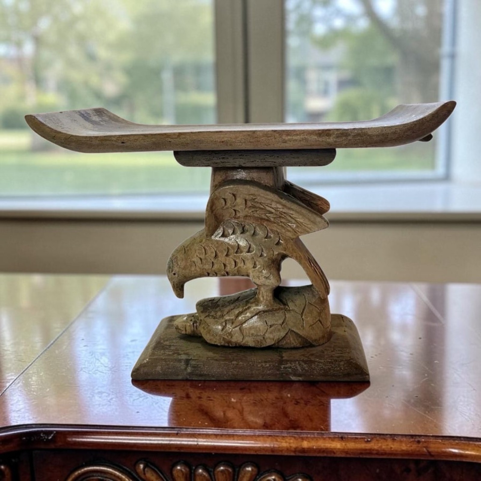Vtg Rare African Ghana Ashanti Wood Carved Tribal Stool Headrest Eagle On Turtle