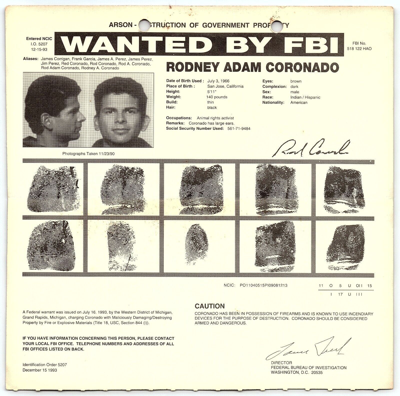1993 RADICAL/ANARCHIST/ALF LEADER ROD CORONADO FBI WANTED POSTER  Z4974