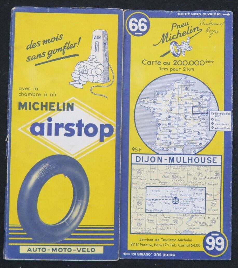 Carte MICHELIN 66 DIJON MULHOUSE 1954 Guide Bibendum pneu tyre map