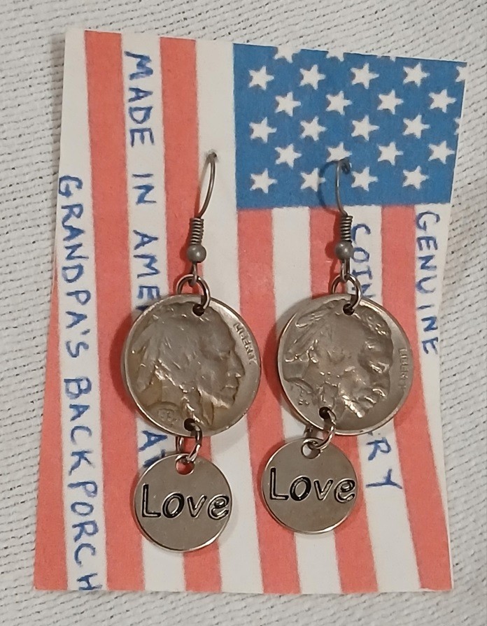 Vintage Buffalo Nickel Indian Love Heart Hook Earrings Real Coin Jewelry 1934