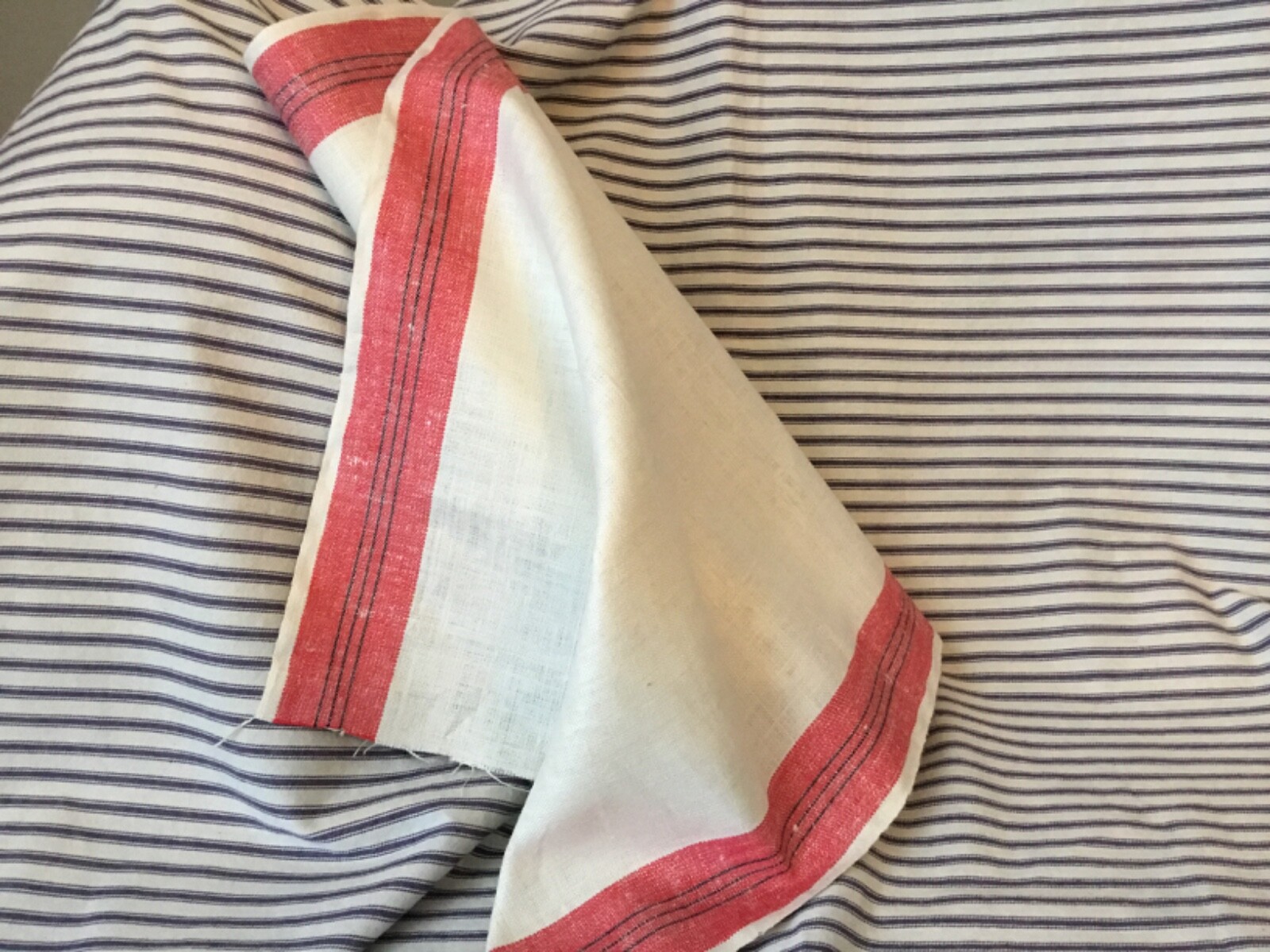 Vtg red stripe LINEN TOWEL FABRIC Cottage Farmhouse French County ~Sold by Yard