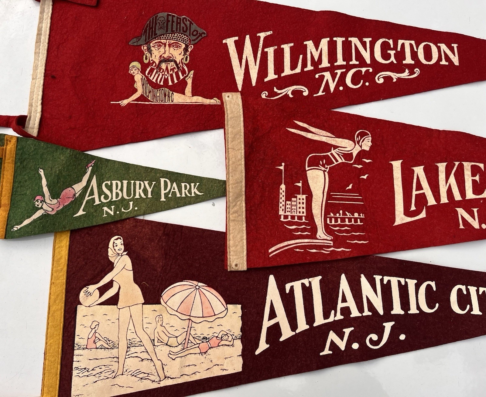 (4) Vintage 1930s-40s Bathing Beauty Souvenir Pennants 
