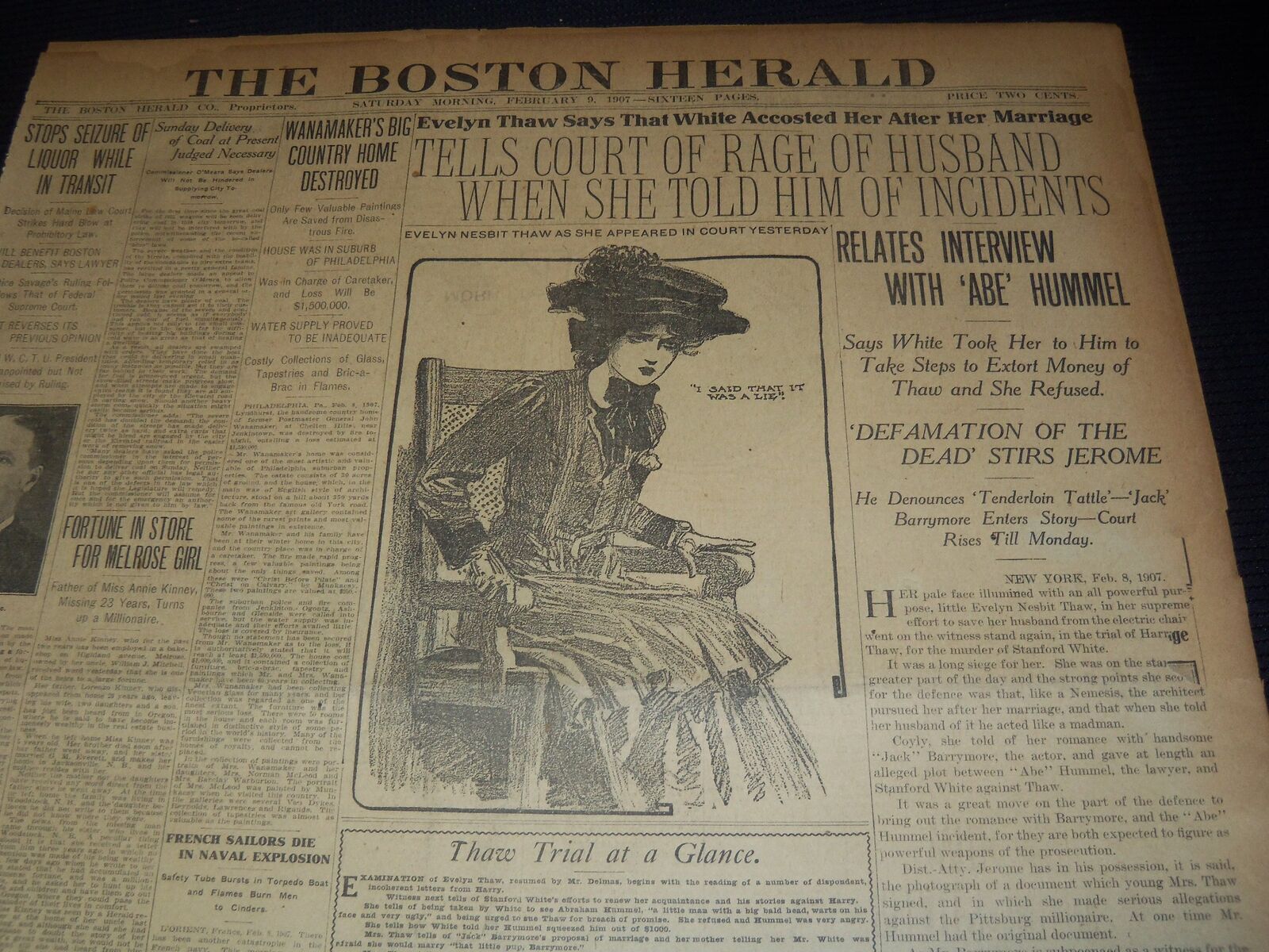 1907 FEB 9 THE BOSTON HERALD - EVELYN THAW TELLS COURT OF RAGE OF HUSBAND- BH 34