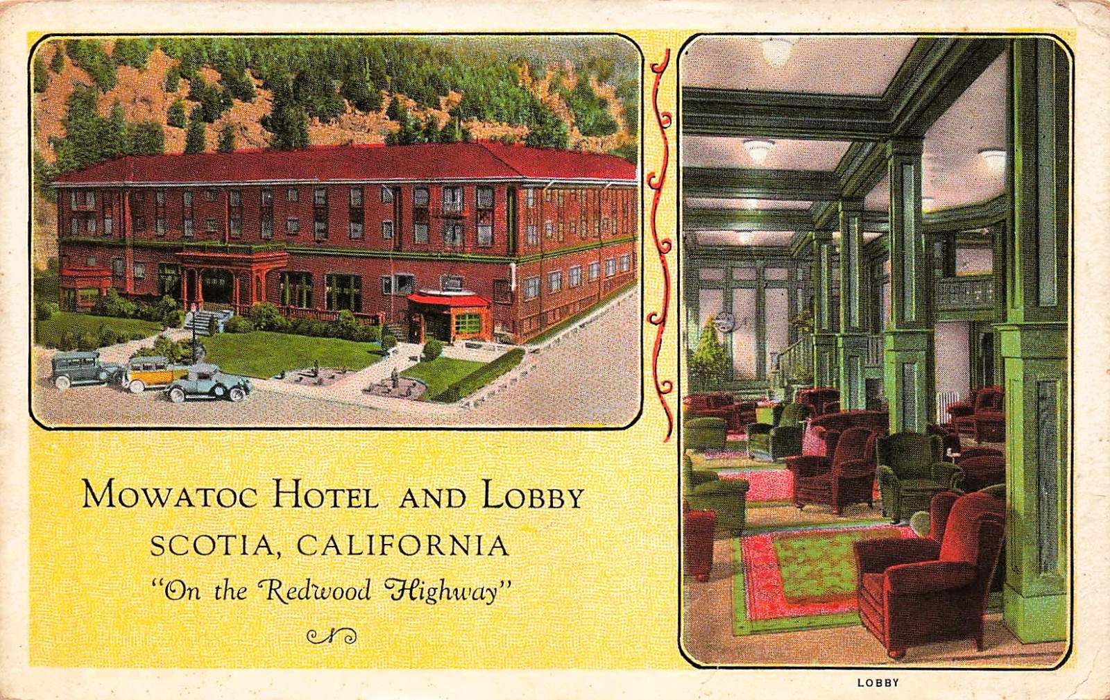 Scotia California Mowatoc Hotel and Lobby Redwood Highway Vtg Postcard H53
