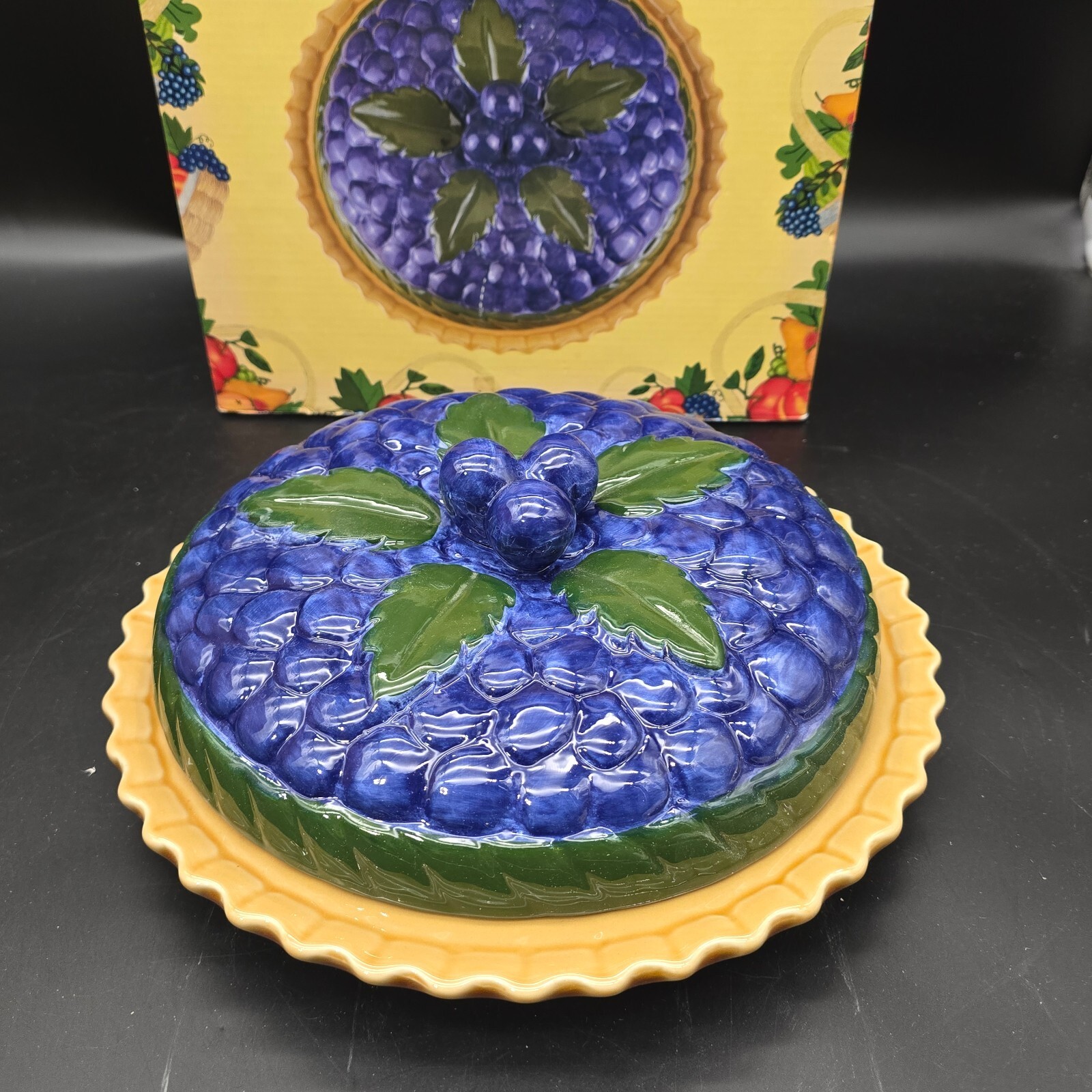 VINTAGE Harvest Time Ceramic Blueberry Pie Plate Lid Set NIB New Cottagecore 11\