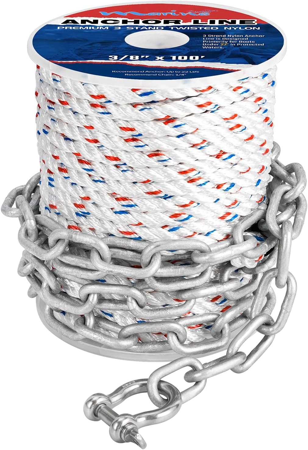 Anchor Line 3/8 Inch 50 FT 100 FT 150 FT Nylon 3 Strand Anchor Rope with 1/4inch