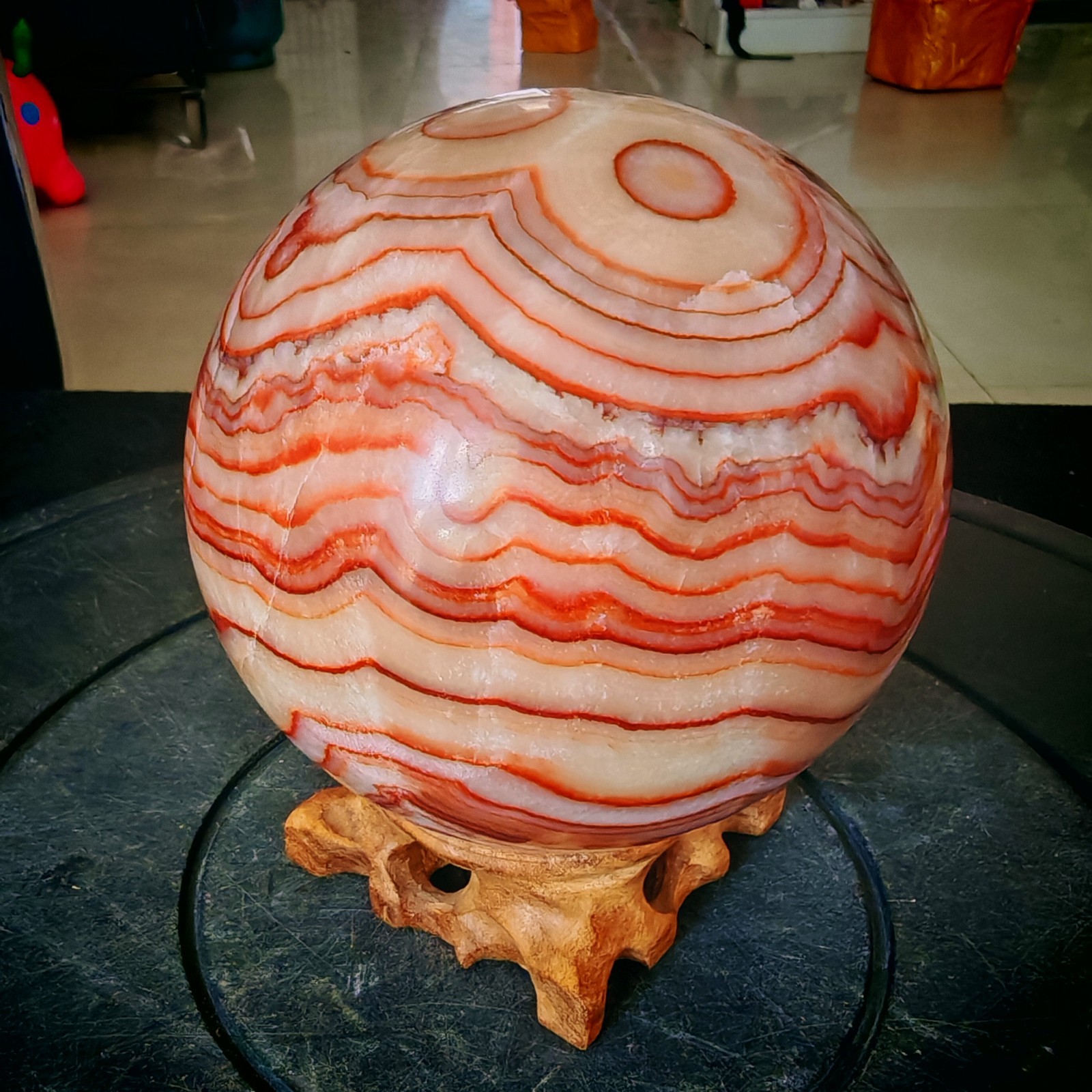5.39 LB Natural Red Banded Calcite Sphere Mexico Red Onyx Crystal Ball Healing