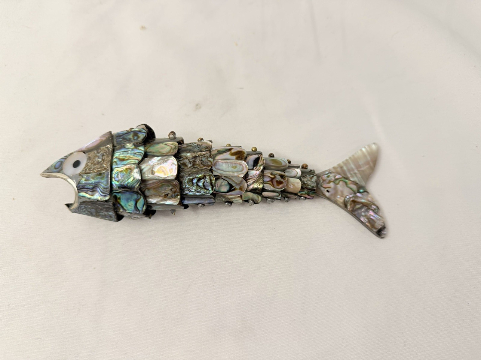 Vtg Los Castillo Mexican Abalone Mother Of Pearl Articulated Fish Bottle Opener