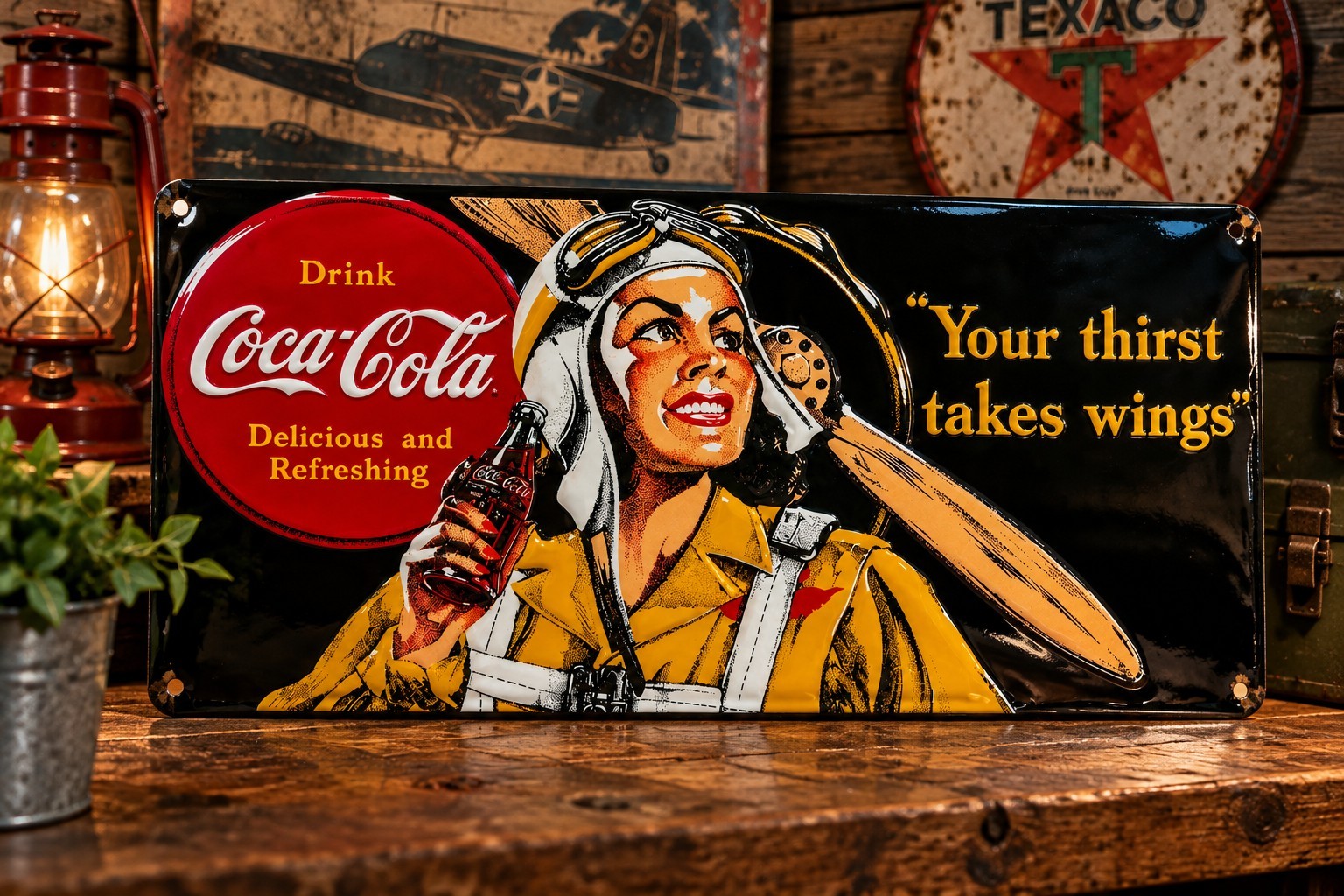 Ande Rooney Coca-Cola Aviator Tin Sign Your Thirst Takes Wings 17” Collectible.