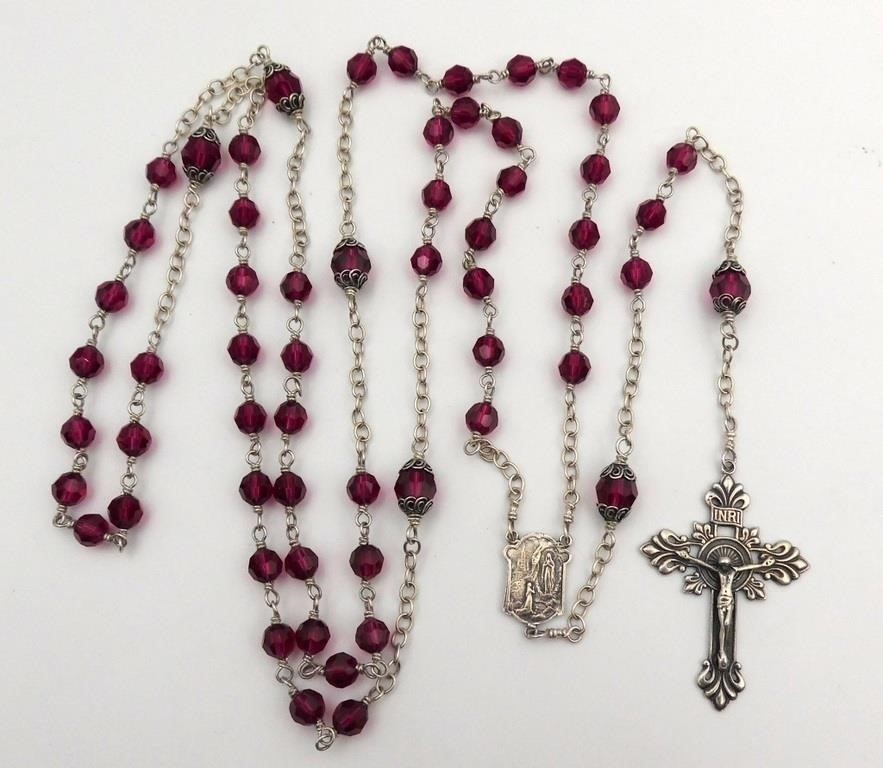 Vintage Sterling Silver Rosary Czech Ruby Crystal Beads 39\