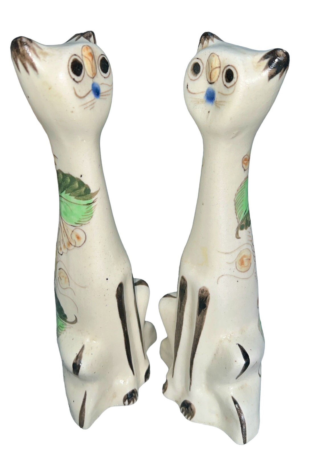 Two Vintage MCM Ceramic Flat Face Cat Figurines Siamese Flowers Kitten Kitty