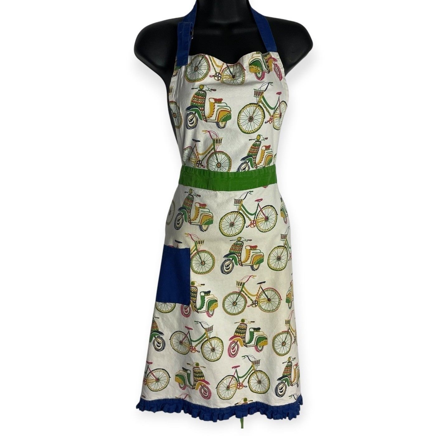 Vintage Womens Retro Bicycle Print Apron Ruffle Hem Scooter Kitsch Euro Summer