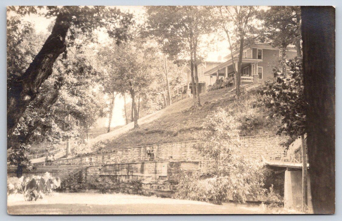 Vintage Estate House on Hill Stone Retaining Wall 1910s RPPC