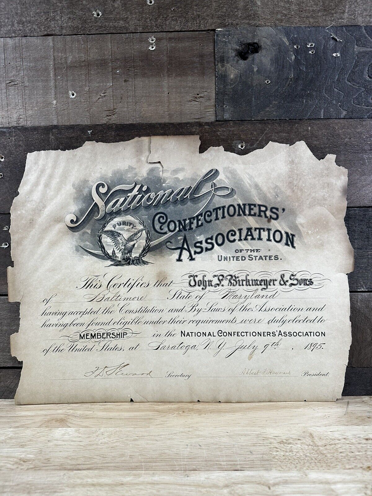 Antique 1895 National Confectioners’ Association Certificate Baltimore, MD 