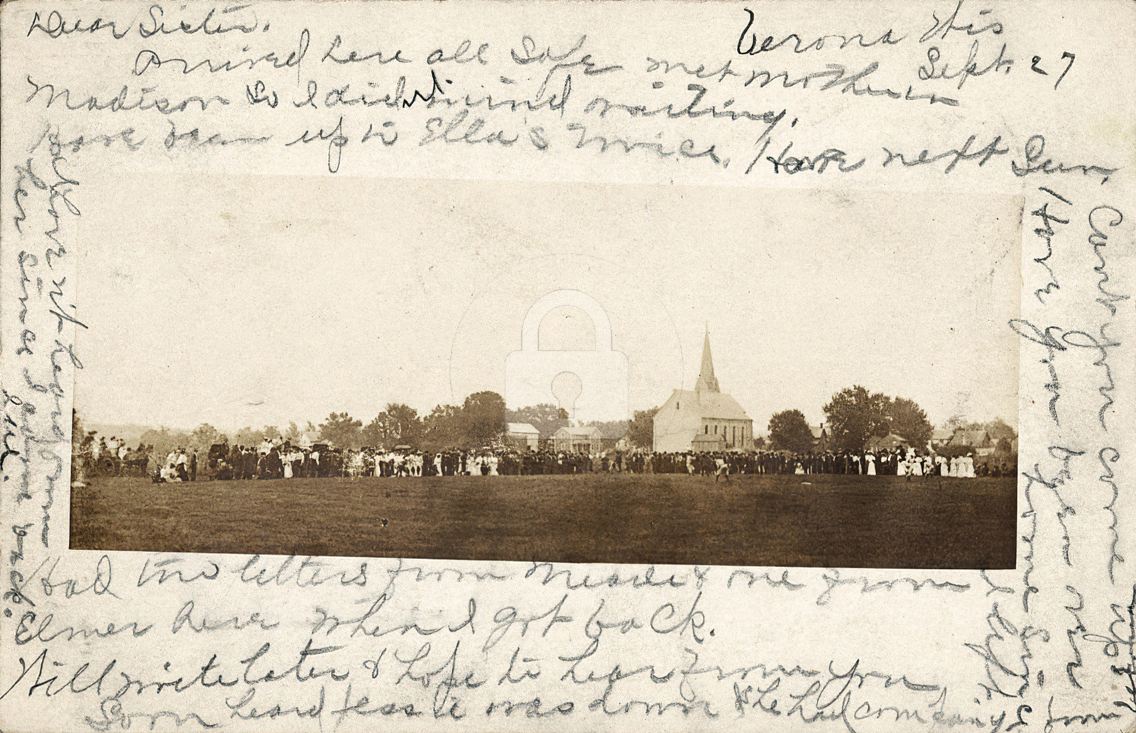 Crowd outside of church, Brooklyn, WI  c.1905 RPPC Photo Postcard Copy