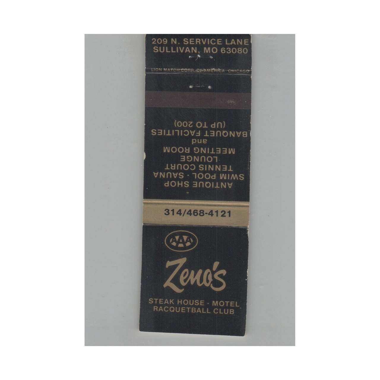 Matchbook Cover Zeno\'s Steak House Motel Racquetball Club Sullivan MO