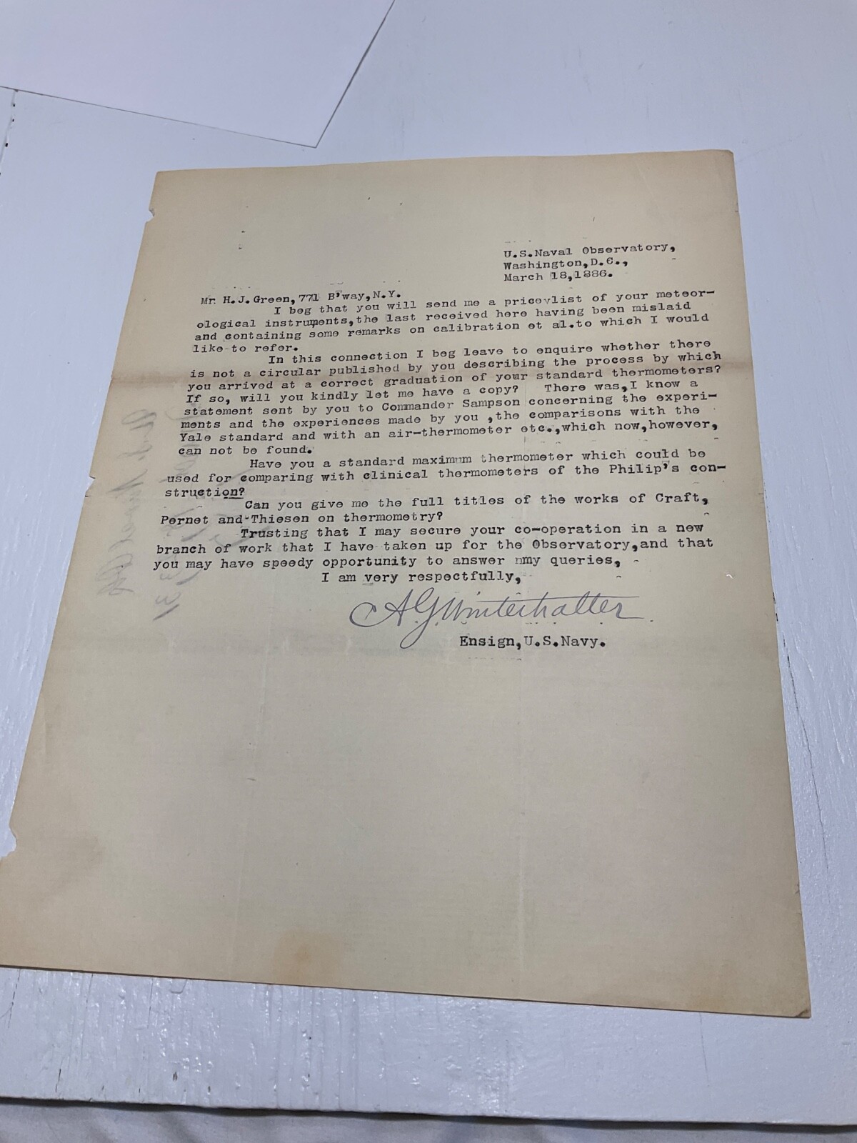 US NAVAL OBSERVATORY 1886 METEOROLOGICAL RESEARCH LETTER FUTURE ADMIRAL 1890