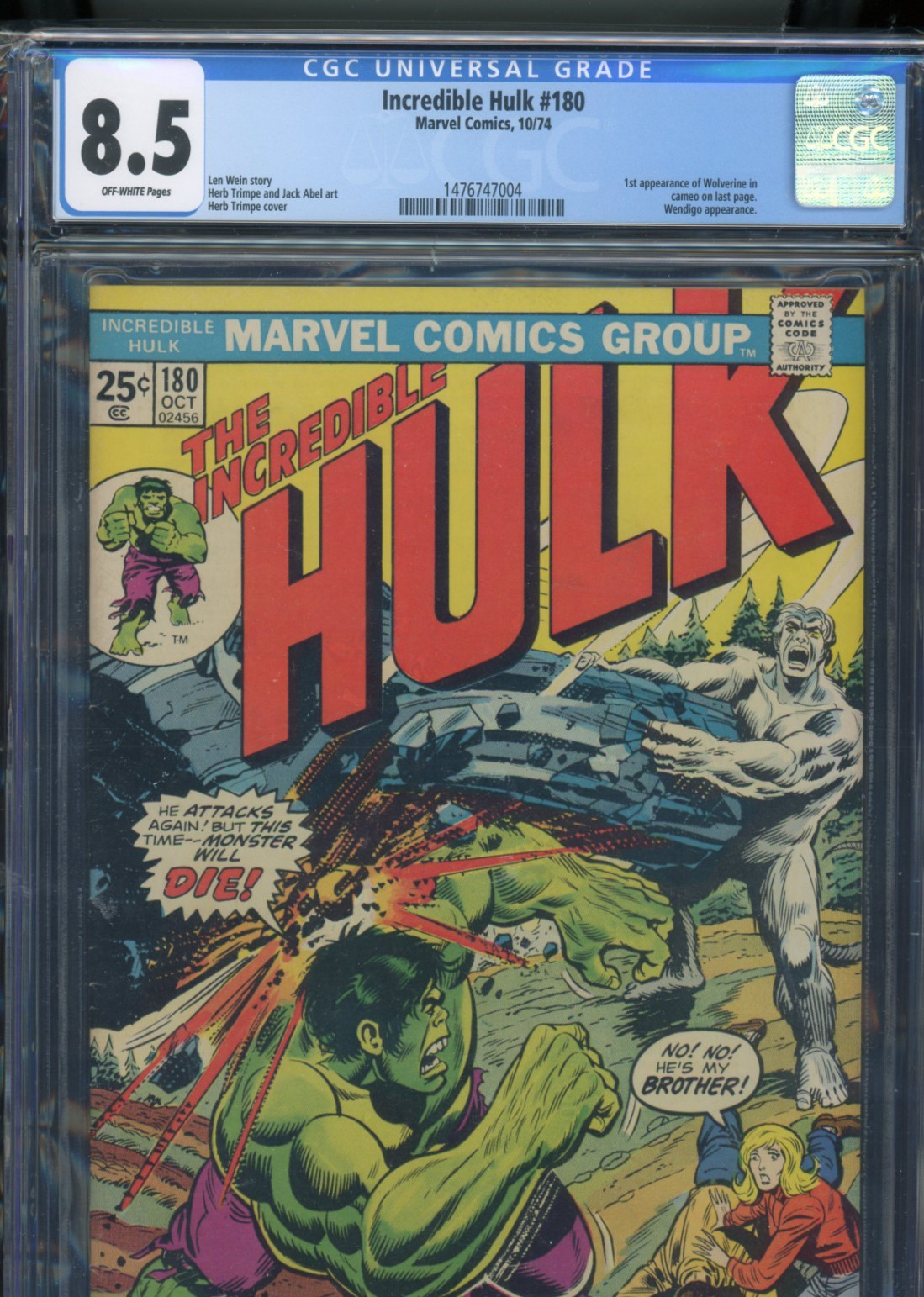 Incredible Hulk #180 (1974) CGC 8.5 (Key: 1st Cameo Appearance of Wolverine)