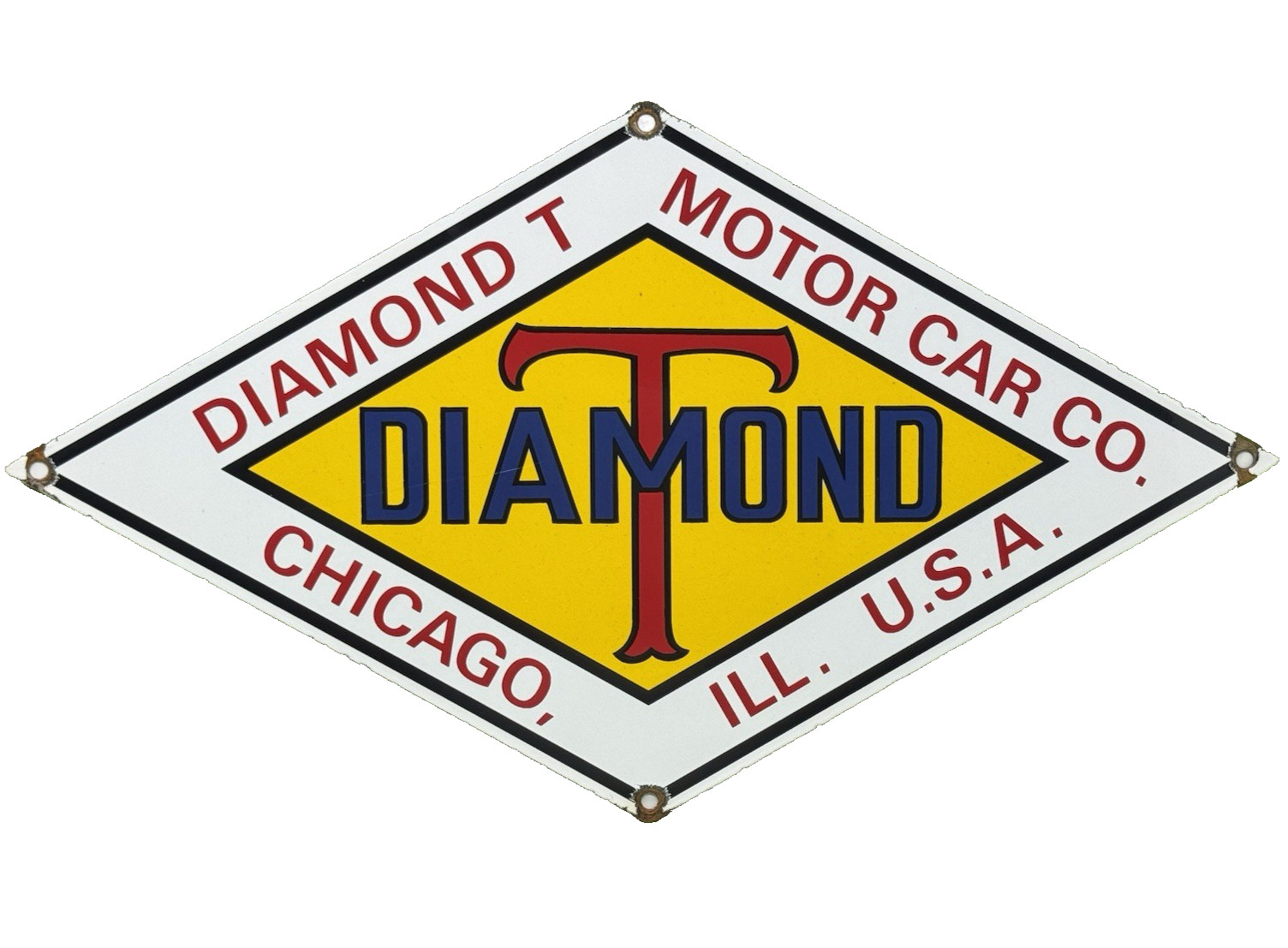 VINTAGE DIAMOND T MOTOR CAR CO. PORCELAIN SIGN CHICAGO ILLINOIS METAL GAS OIL