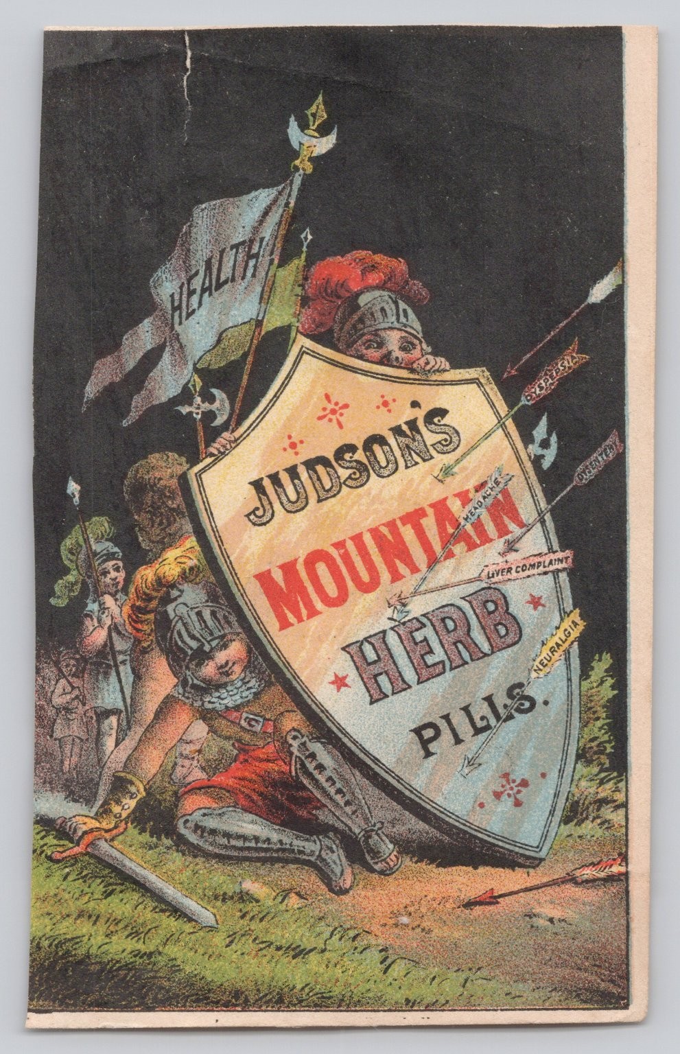 Victorian Judson's Mountain Herb Pills Trade Card Knights Health Chromo 1881 Ad