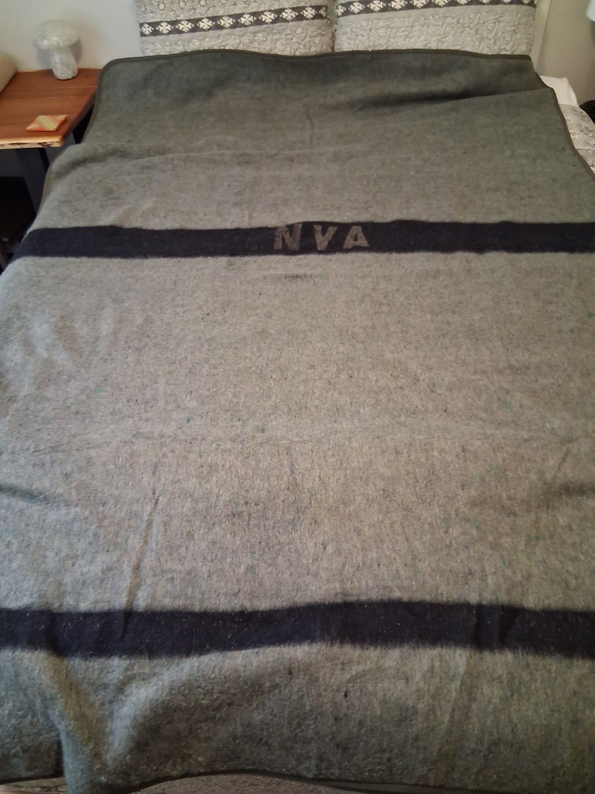 Vintage East German NVA Military Wool Blanket Cold War DDR Grey Stripe 71x55
