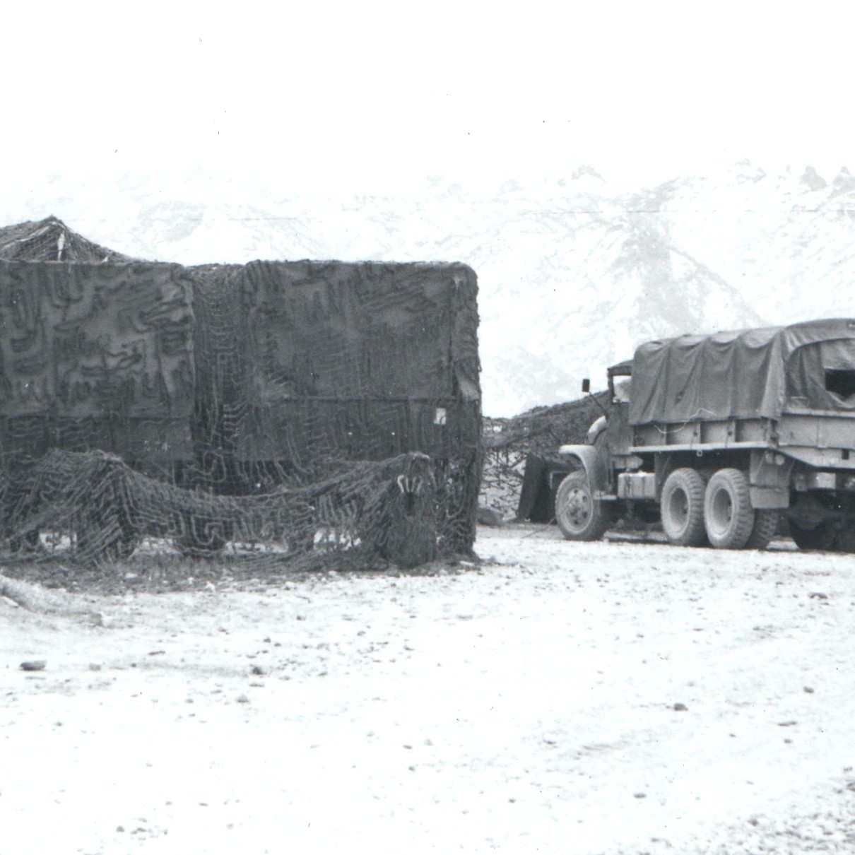 c1950s Military Cargo Truck Camouflage Netting Snapshot Photo Mountain Outpost