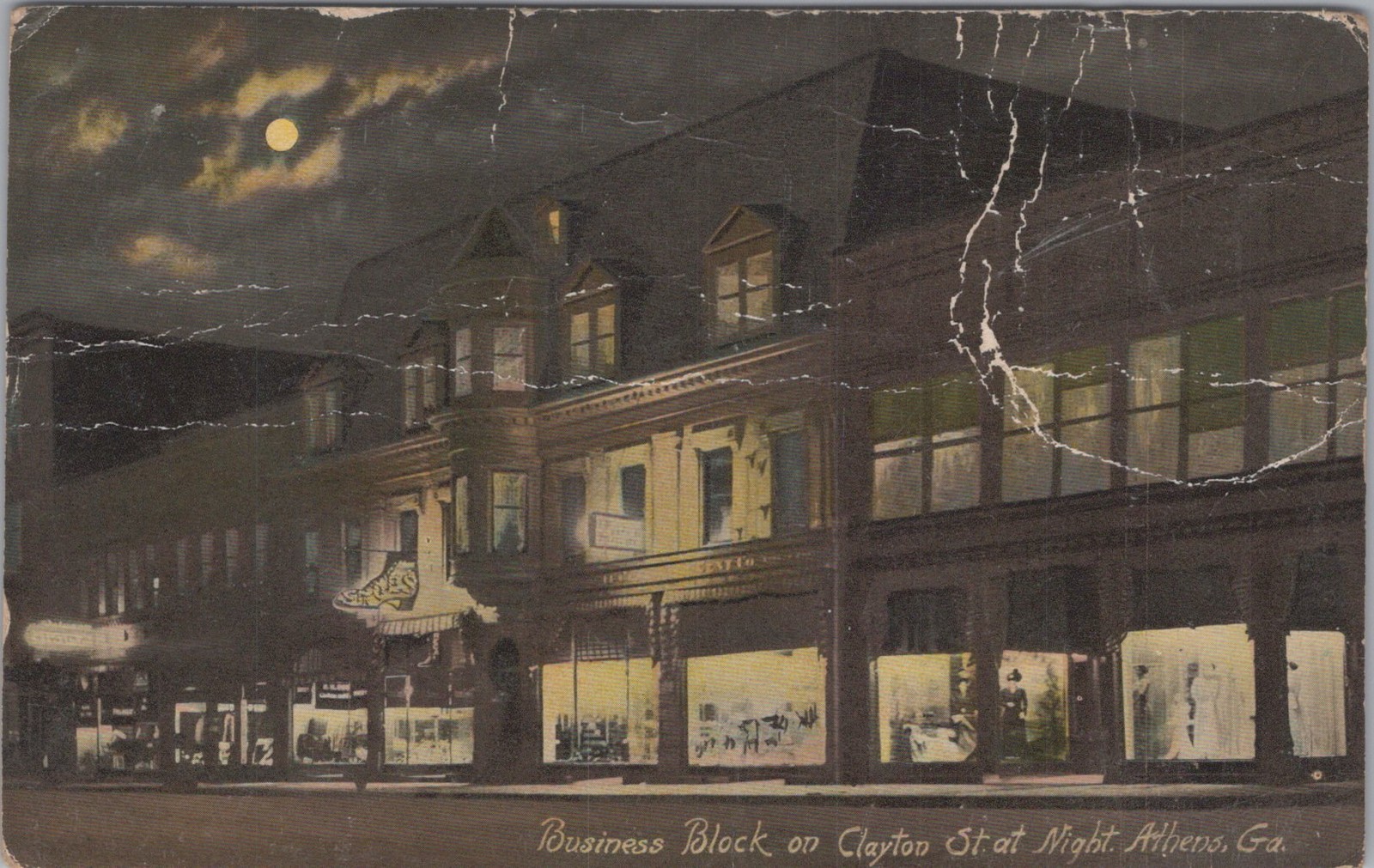 Business Block Clayton Street at Night Athens Georgia GA McGregor 1918 Postcard