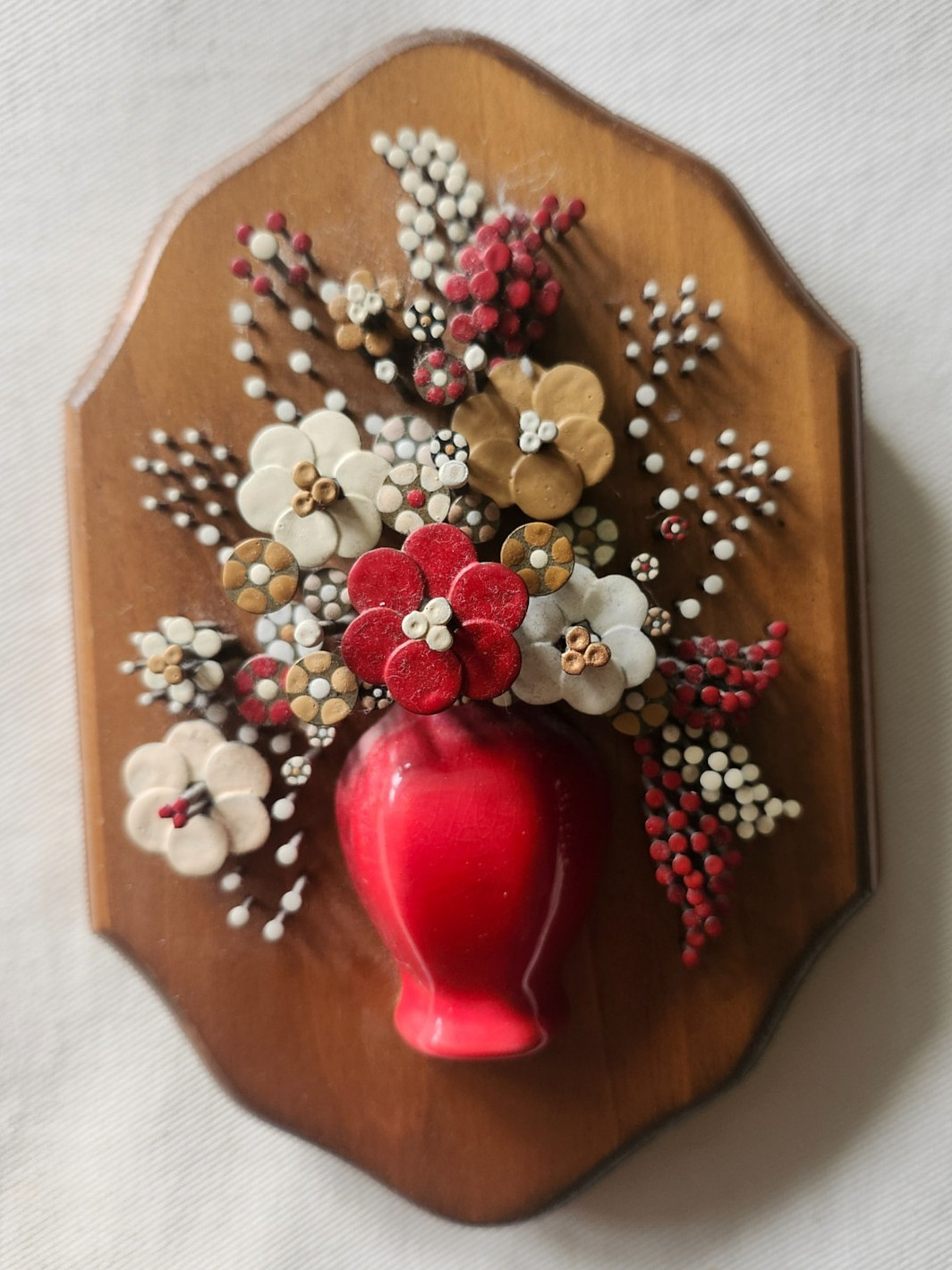 Vintage 1970s Pol-O-Craft Nail Art Pauline A. Owens Flower Vase Wood Plaque 8x5”