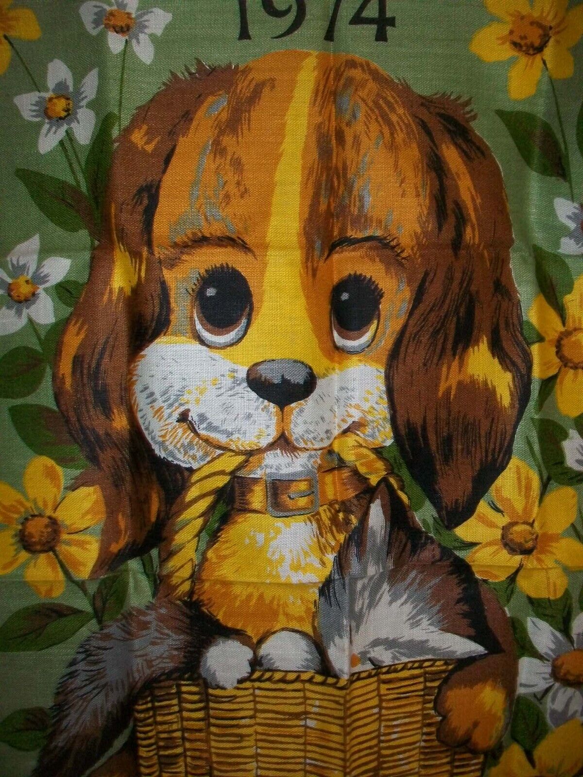 Lamont Irish Linen Vintage 1974 Floral Brown Puppy Dog Cat  Tea Towel Calendar