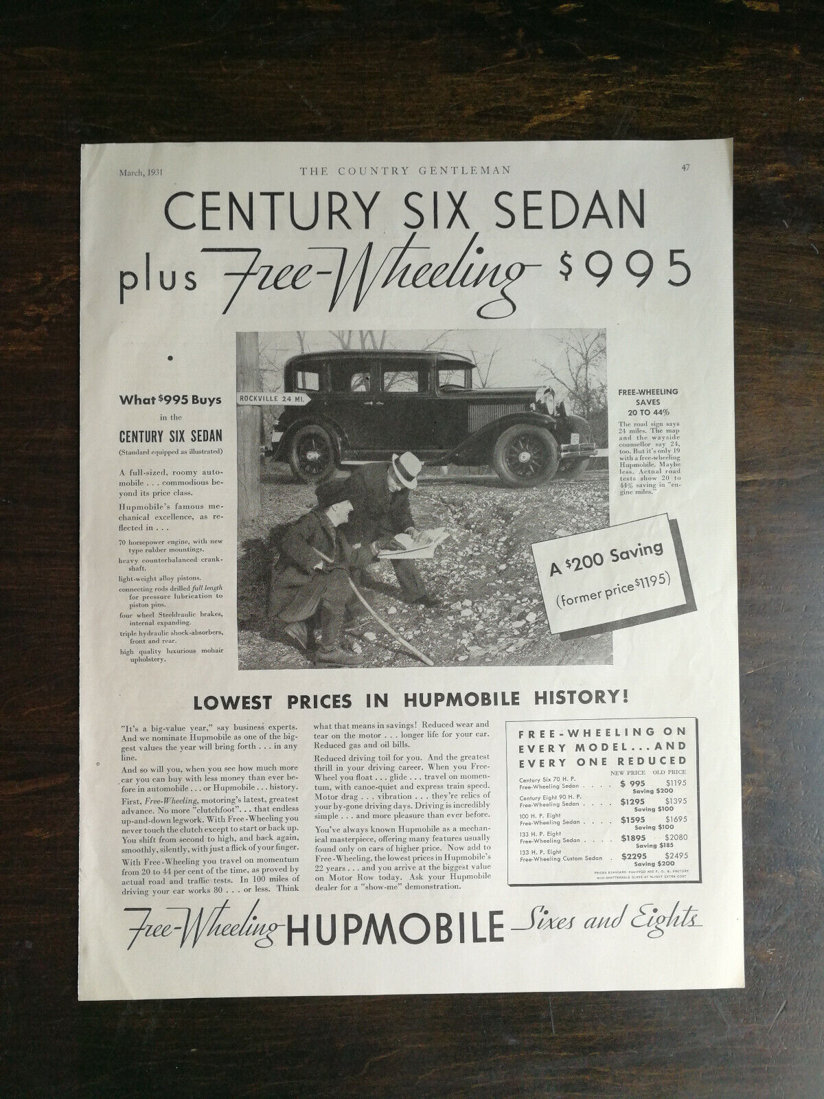 Vintage 1931 Free Wheeling Hupmobile Six Sedan Full Page Original Ad