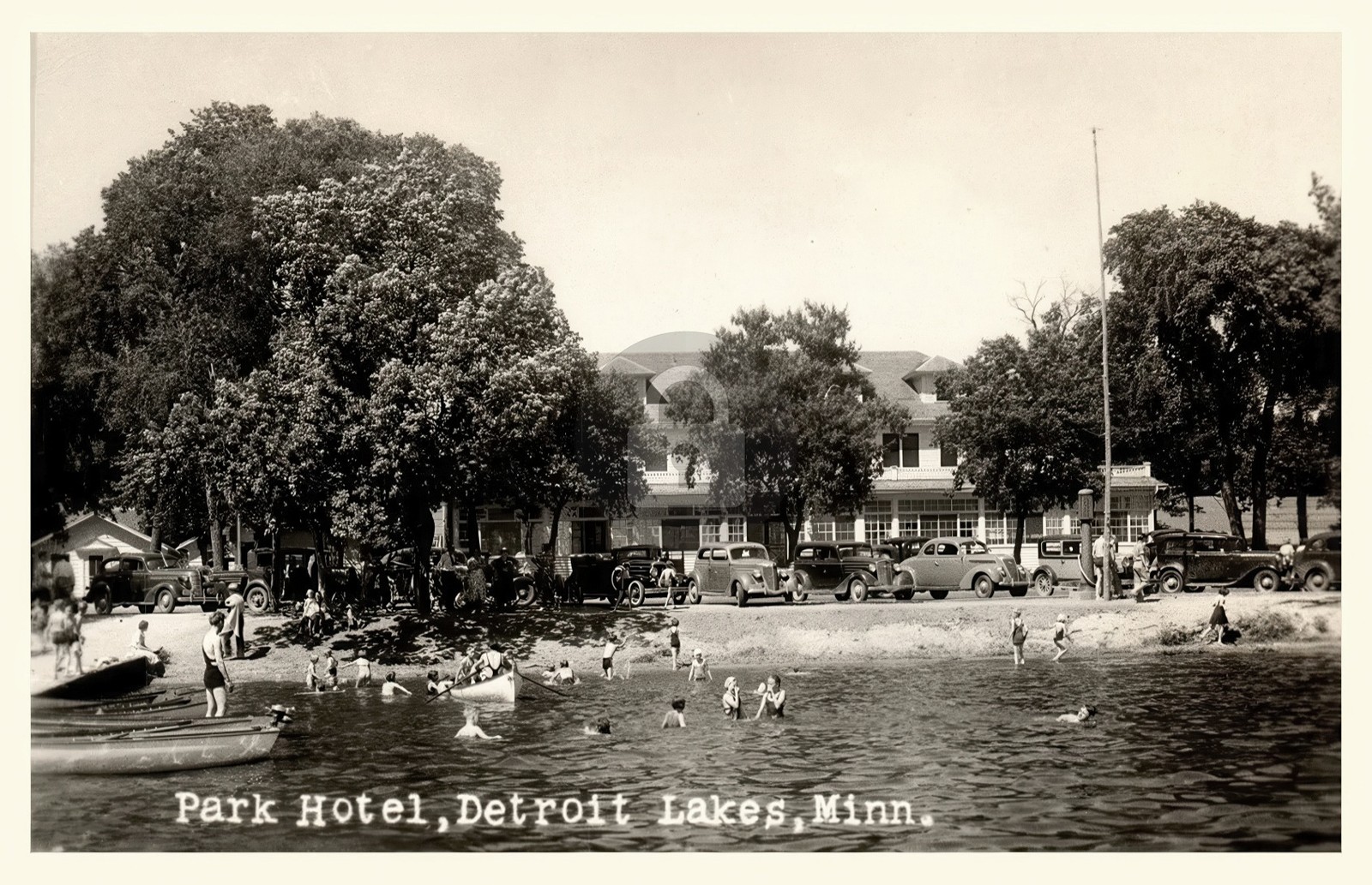 Detroit Lakes MN Park Hotel Beach car 1930s RPPC Photo Postcard COPY