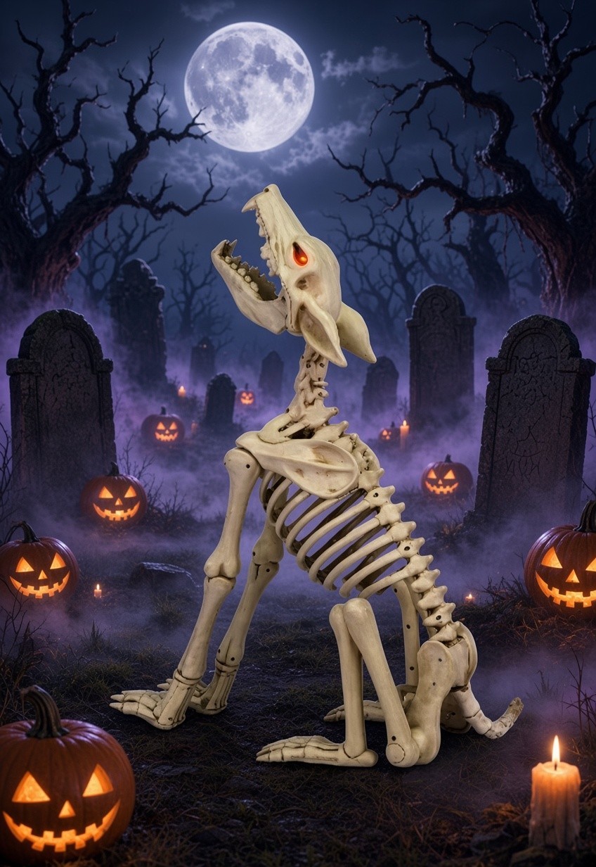 Halloween 2.5\' Ft Animated Skeleton Wolf LED Poseable Prop Sound Lighted Decor 