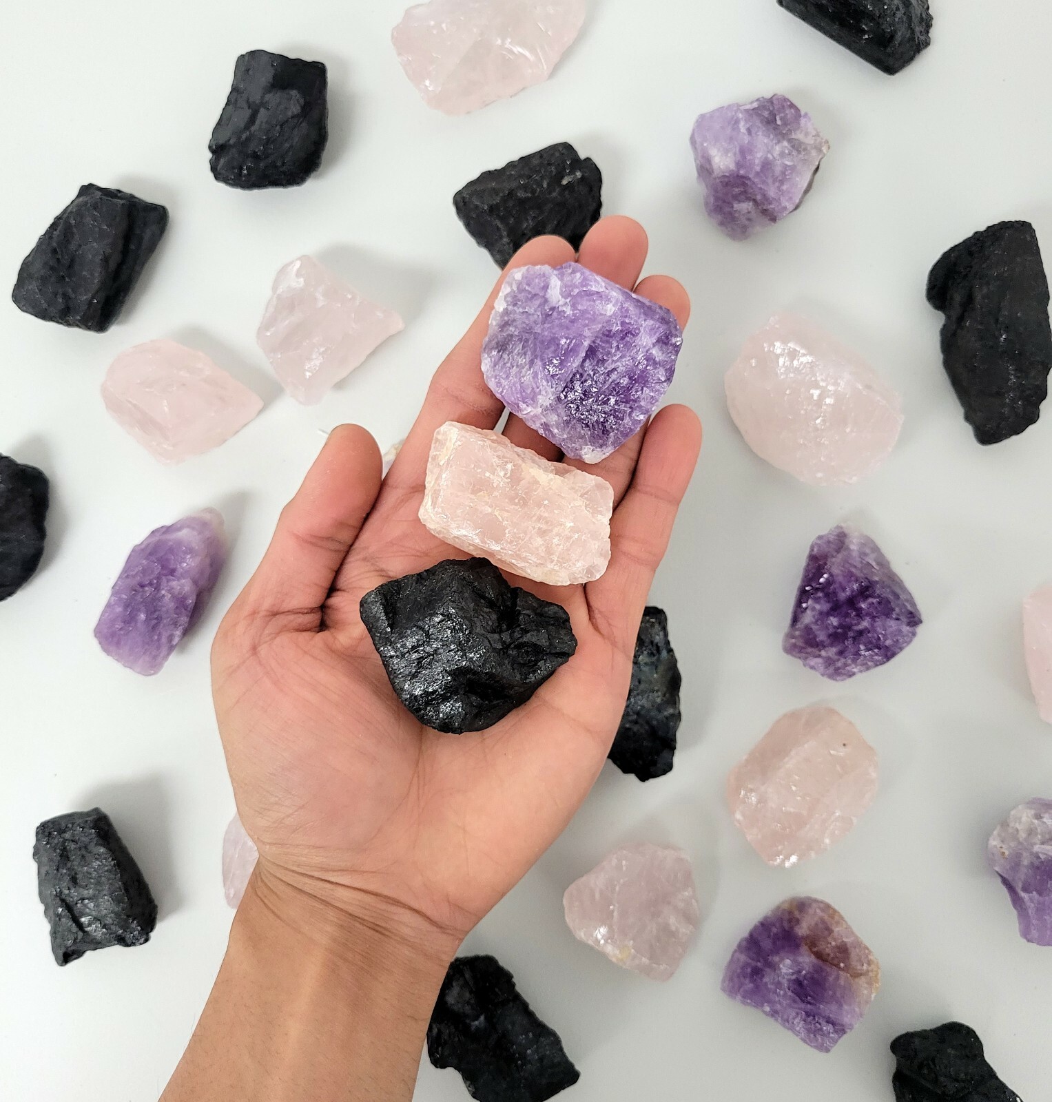 Amethyst Crystal Rose Quartz Black Tourmaline Raw Healing Crystals Set Trio