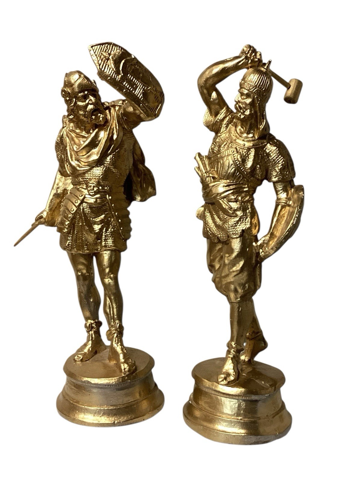 2 VTG MCM Hollywood Regency Gold Gilt Large Statues Warriors Combatants Signed