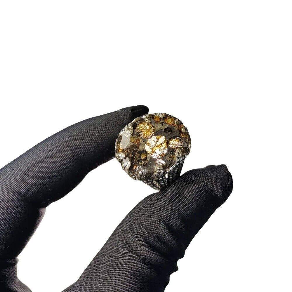 925 Sterling Silver PALLASITE meteorite Ring part slice Adjustable ring TB306