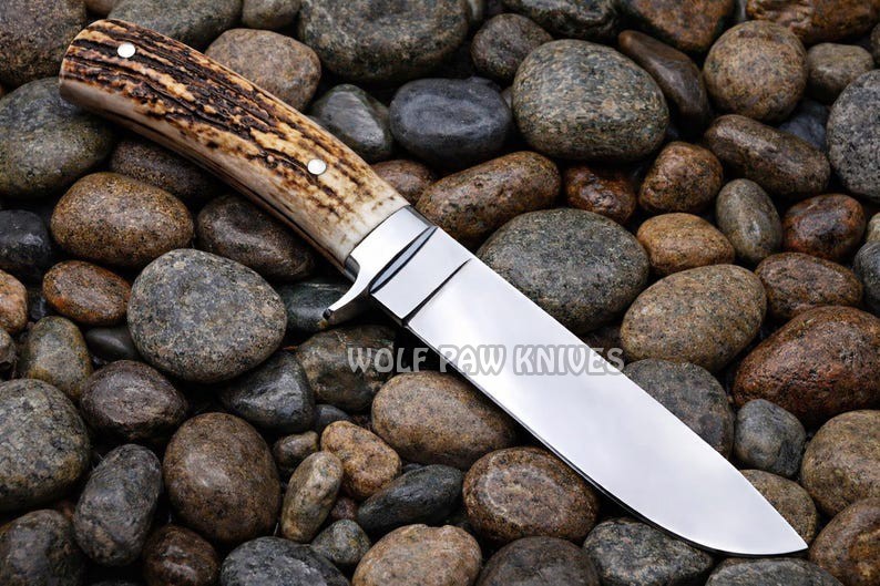Handmade Fixed Blade Hunting Bowie Knife, D2 Steel Blade with Stag Antler Handle