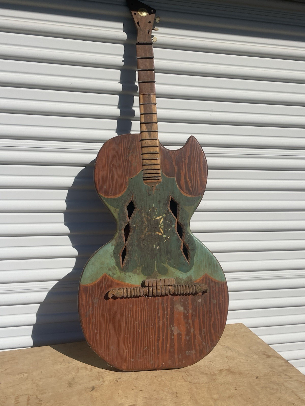 Large Vintage Folk Art Guitar Sculpture Carved Wood Musical Piece