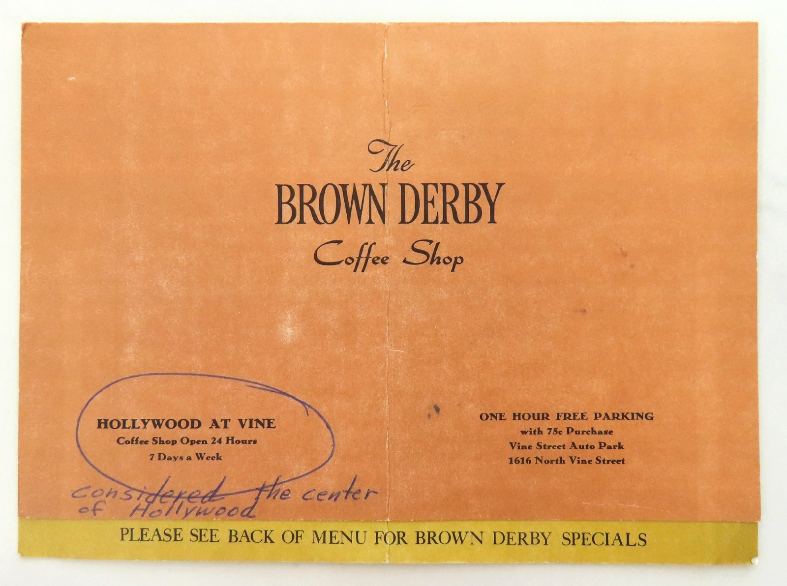 The Brown Derby Coffee Shop Menu Vintage Restaurant Hollywood At Vine California