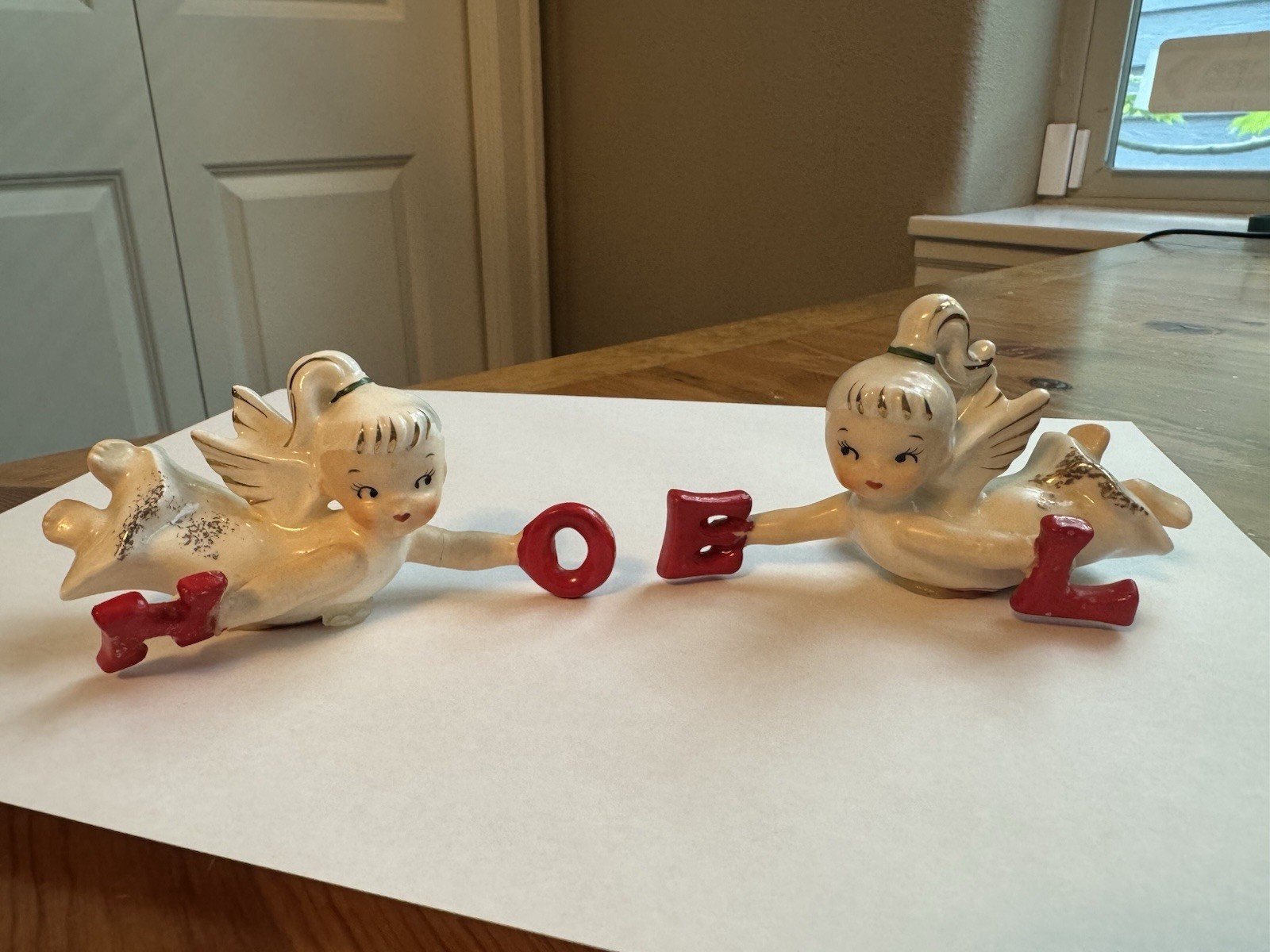 Vintage Lefton Ceramic Christmas NOEL flying Angel Candle Decor