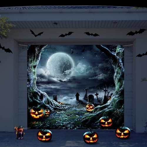 Halloween Garage Door Banner, 7 x 8 ft Graveyard Horror Scene Decor