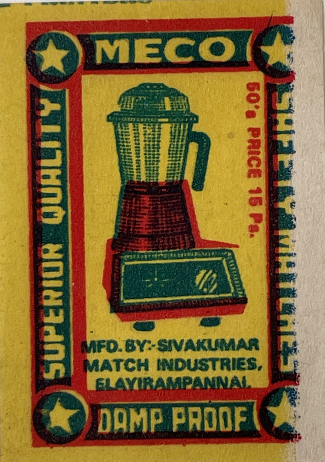 Rare Indian Matchbox Label - Meco Safety Matches - Blender